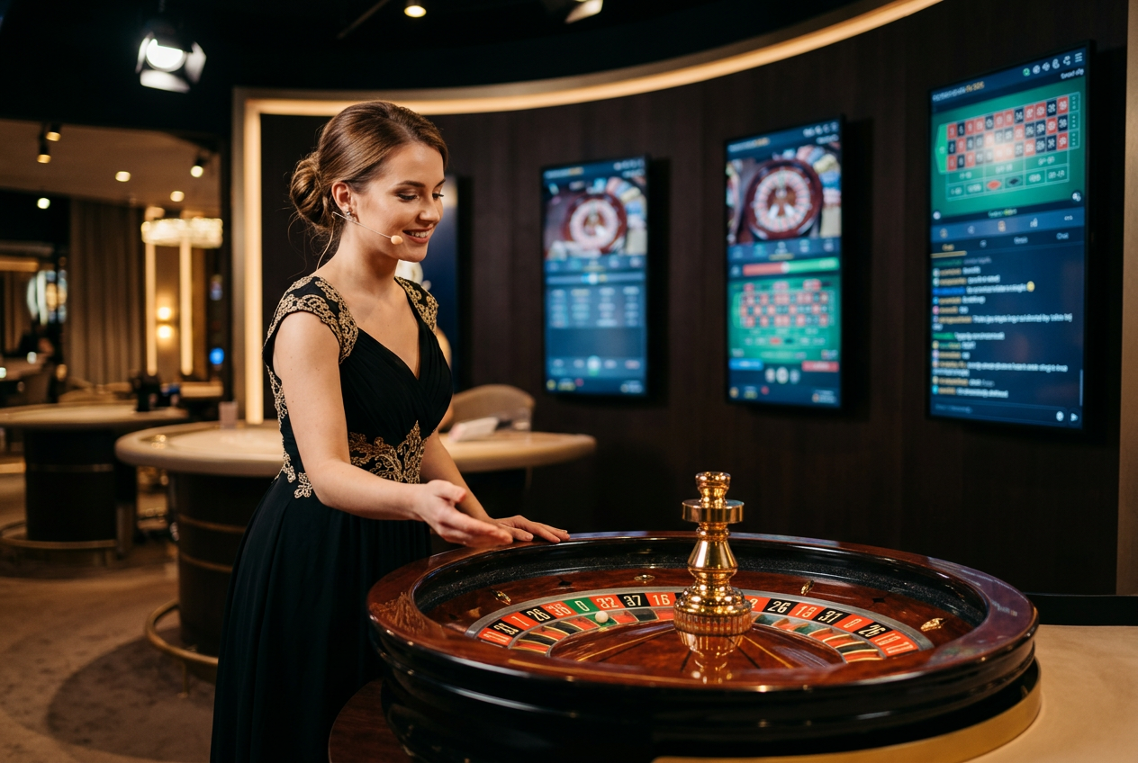 A professional live roulette studio with a croupier and a gold-accented wheel.
