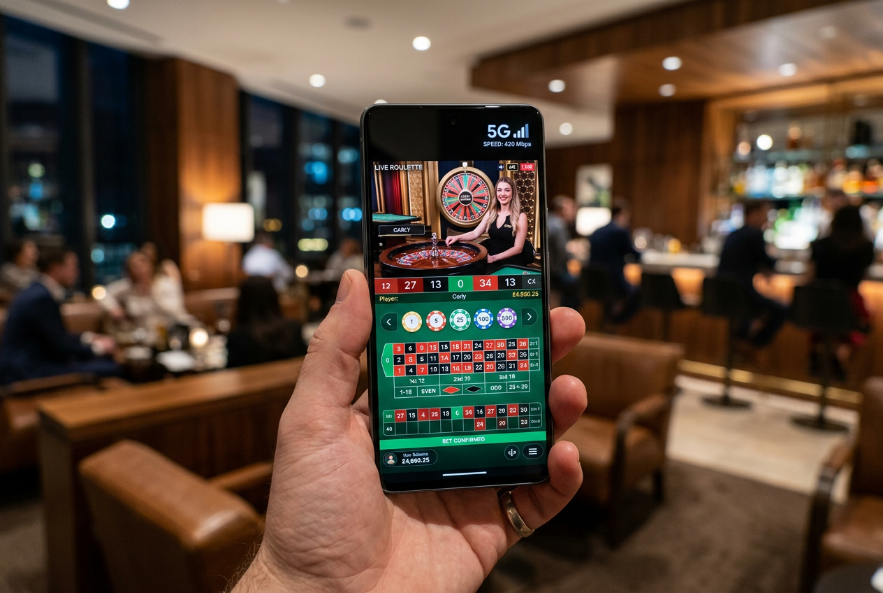 A smartphone displaying a live roulette game interface with 4K stream.