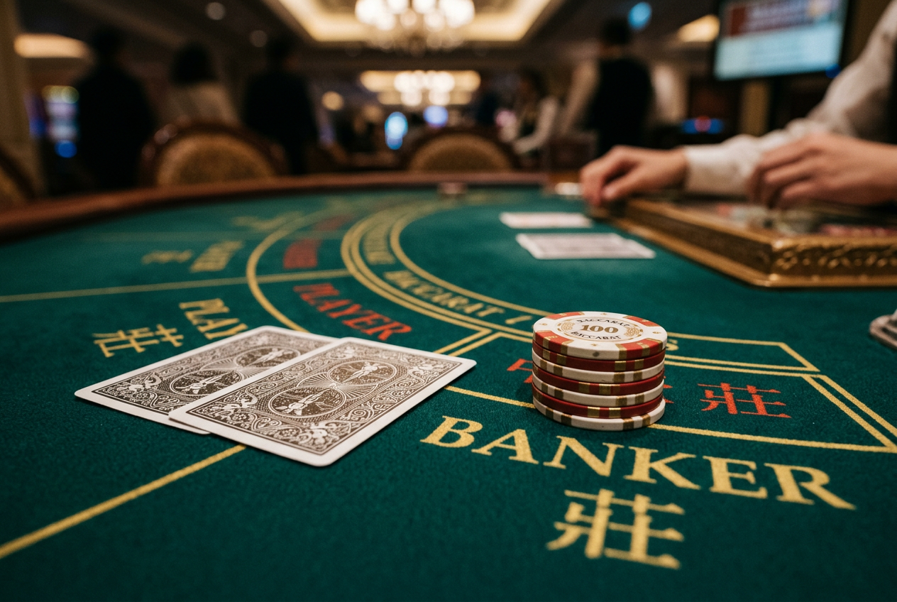 Close-up of cards and chips on a baccarat table showing the player and banker sections.