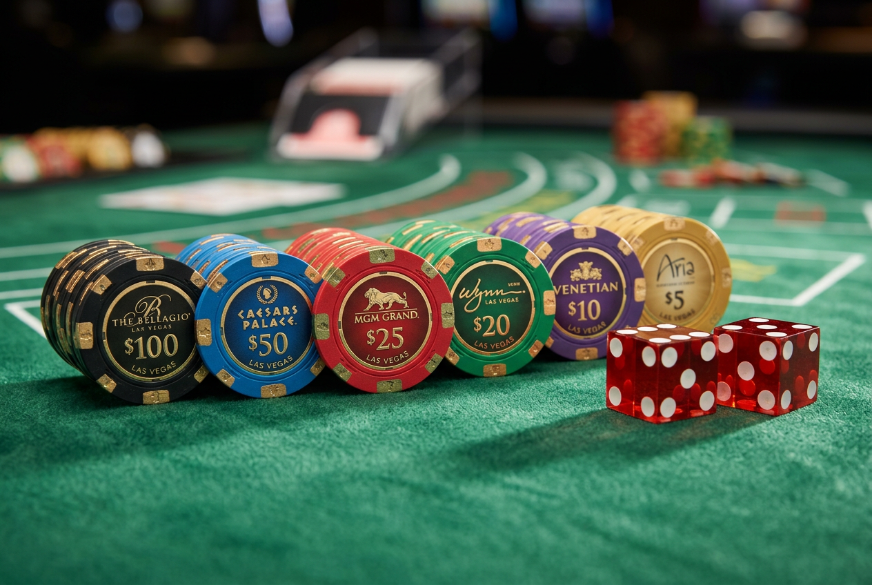 Stacked casino chips and dice on a velvet table