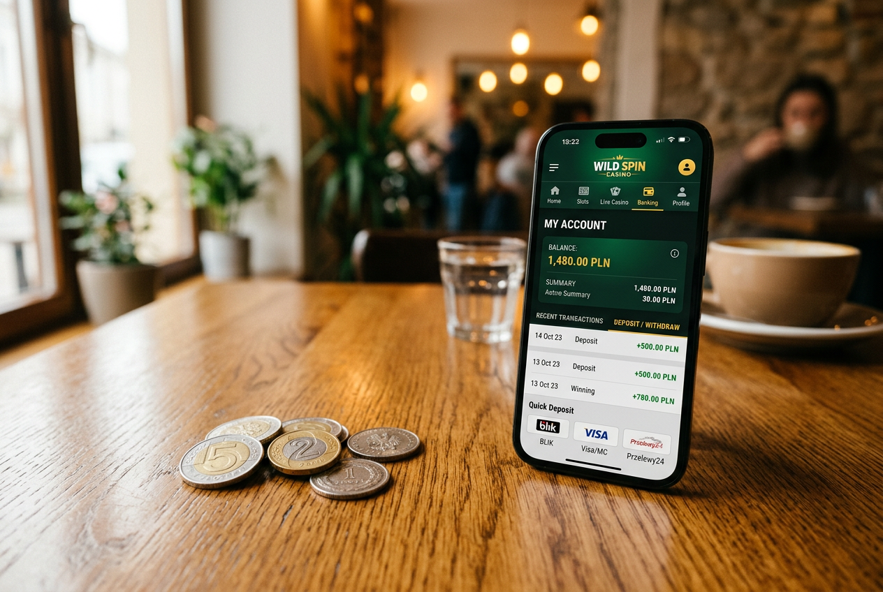 A small stack of 10 PLN coins next to a smartphone showing a casino interface.